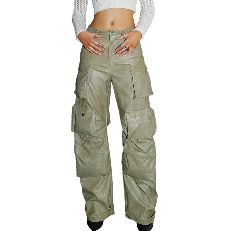 Custom OEM Manufacturer Vintage Pockets High Waist Streetwear baggy Casual ladies Long parachute Cargo Pant for women Trousers