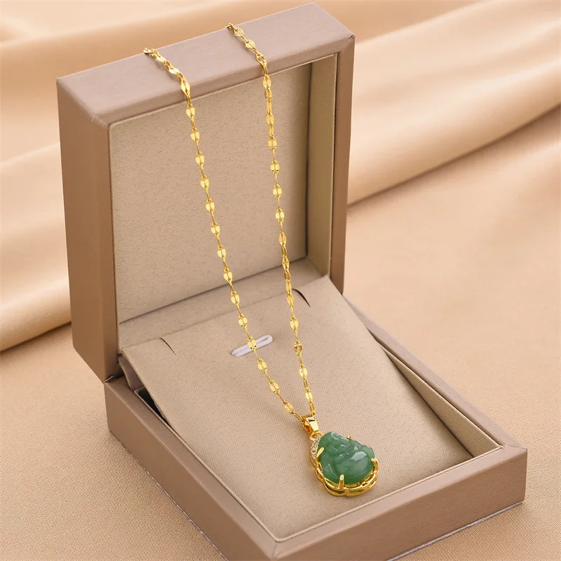Wholesale Mini Green Jade Buddha Pendant Necklace Non-fading Gold Plated Stainless Steel Maitreya Lucky Necklaces