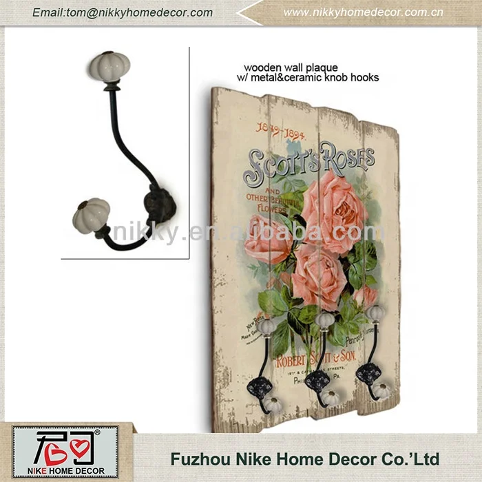 
Shabby chic decoration flower style wood plaque with hooks decorative metal plaque 
