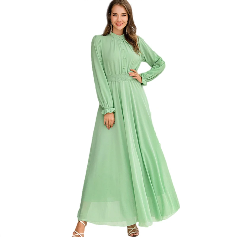 Islamic clothing lady abaya Arabic fashion modern dress thick chiffon pleated tight waist long dress for Muslim women