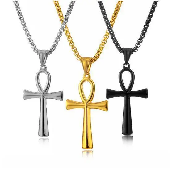 Luxury Religious Ankh Cross Pendant Necklace Fashion Womens Egyptian Mens Jewelry Stainless Steel Amulet Pendant Chain Gift