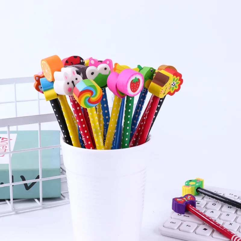 3D Cartoon Animal Topper Eraser School Pencils with Logo Custom Printed,HB Lead Black Cute Pencil School with Eraser