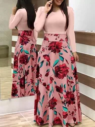 Womens Summer Autumn Vintage Floral Print Patchwork Long Sleeve Maxi Dresses Plus Size Casual Dress