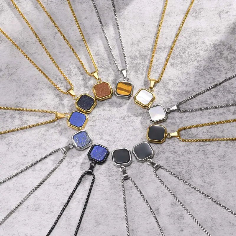 Fashion jewelry men square turquoise stone pendant necklaces acrylic 18k gold plated stainless steel shell charms necklace