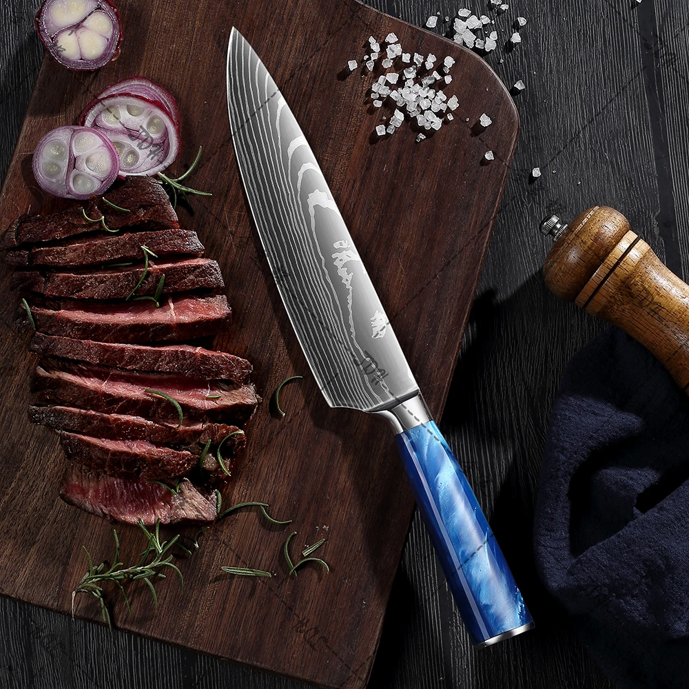 7 inch Hot Sale Santoku Chef Knife Ironwood Handle vg10 73 Layers Damascus Steel Kitchen Knife with Blue Resin Handle