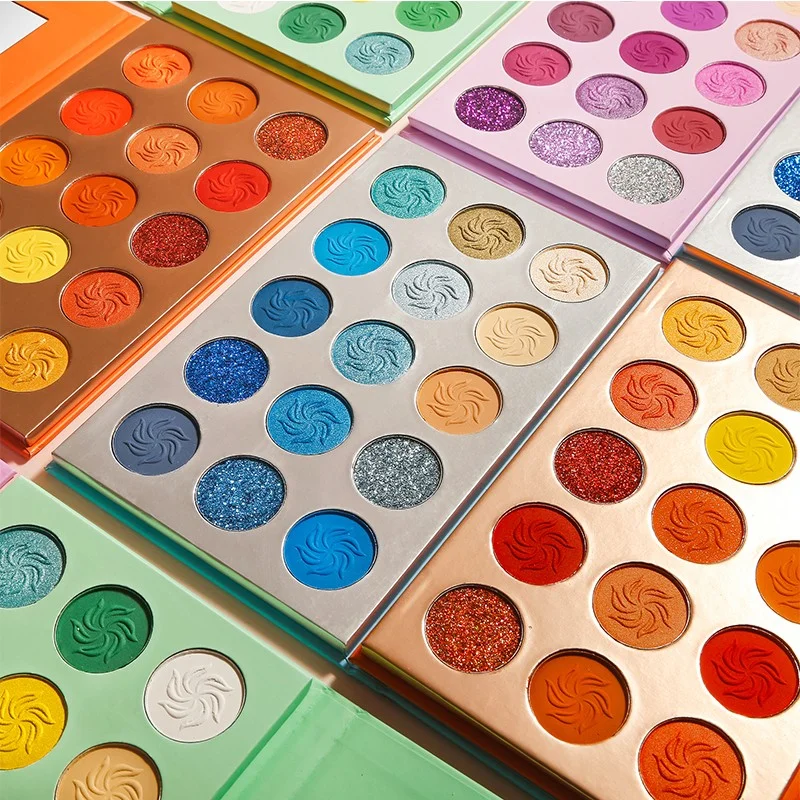 Low Moq No Logo Blue Orange Green Purple Eyeshadow Palette Private Label High Pigment 15 Color Eye Shadow