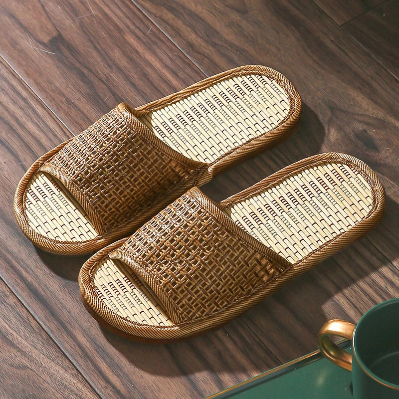 Cheap Summer Household Bamboo Rattan Slippers Unisex Hotel Bathroom Anti-Skid Weave Straw Braided Slides