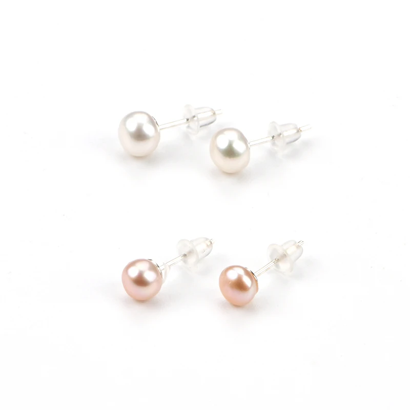 Freshwater pearl 5.5-6.5mm earring stud White/Pink pearl 925 silver pin stud earring