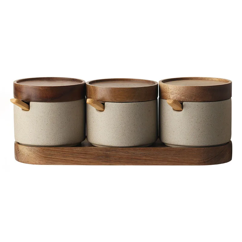 Hot sale ceramic seasonings & condiments pot spice jars wholesale bamboo spice jars set