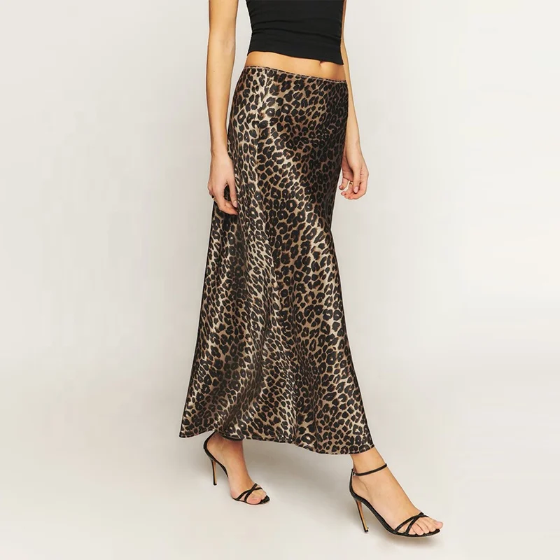 Women  elastic waistband 100%silk Leopard Midi Skirt Plus Size Women High Waist Silk Satin Leopard Print  Elasticized Skirts