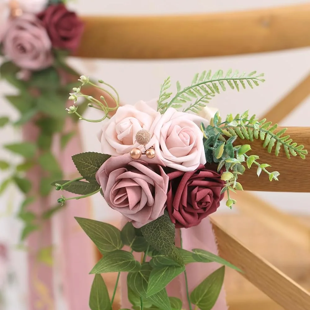 Doris Home Wedding Aisle Decorations Mauve Pew Flowers Wedding Ceremony Party Chair Decor Artificial Flowers Eucalyptus Ribbons