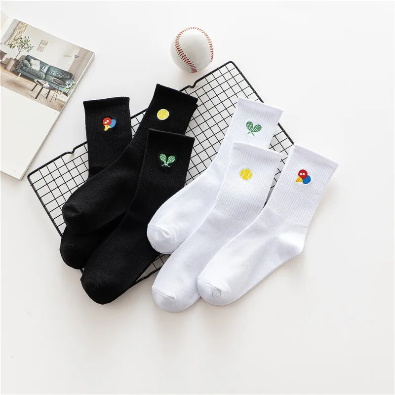 Wholesale New Trendy Funny Embroidery Table Tennis Teen Girls Sports Socks Soft Cotton Women Black White Socks