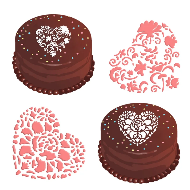 2PCS Flower Heart Fondant Stencil Set Cake Decorating Tool Lace Side Stencil Set template For Cake Cookie Coffee