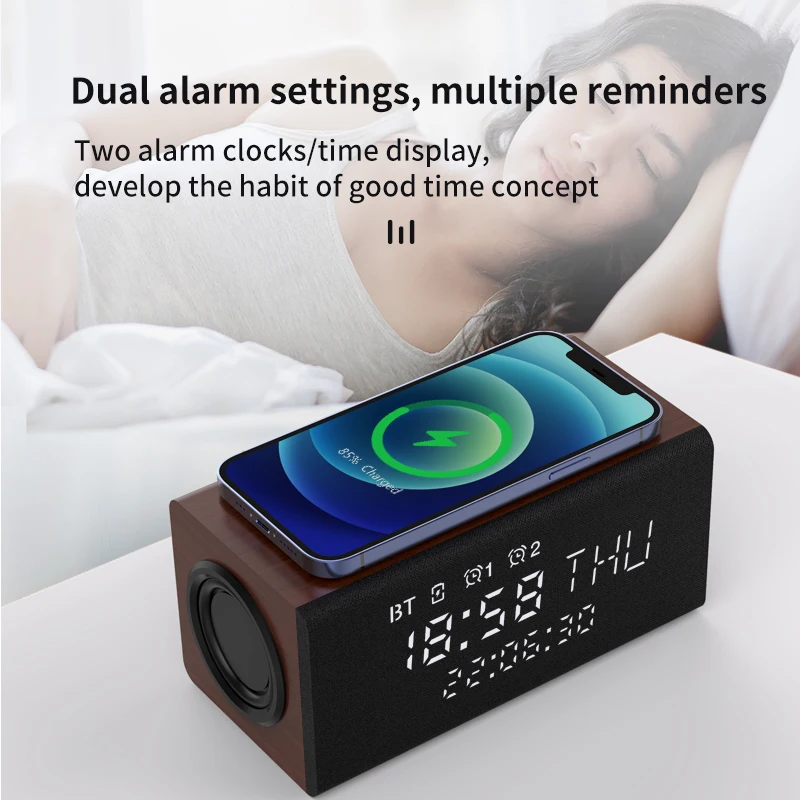 Custom Wooden 5.1 bt wireless charging charger lamp speaker Super bass Mini Portable Wireless Speaker with alarm clock