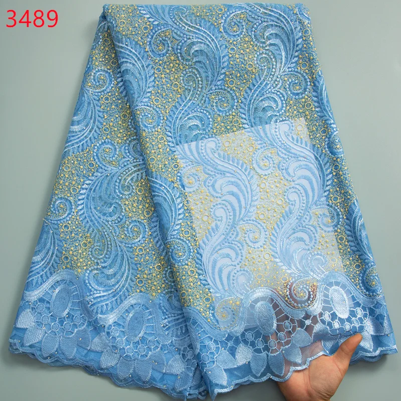 3489 African Tulle Lace Fabric 2023 High Quality 5Yards Nigeria Mesh Lace Fabric with Stones for Wedding Party Dresses