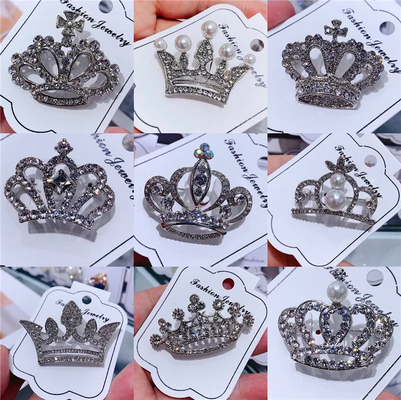 Gold Plated Suits Shirt Luxury Crystal Pearl Crown Brooch Pin Rhinestone Crown Brooch for Clothes Accessories
