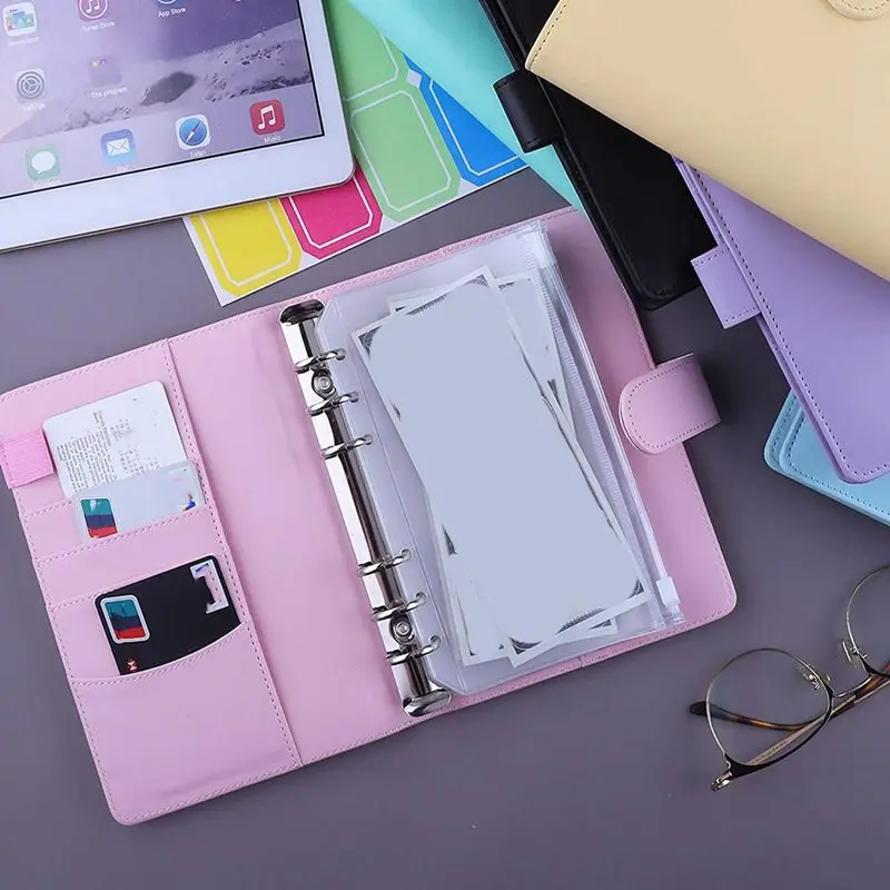 Custom PU Leather Planner Binder 12 Clear Envelopes A6 Budget Binder Ring Binder With Cash Envelopes