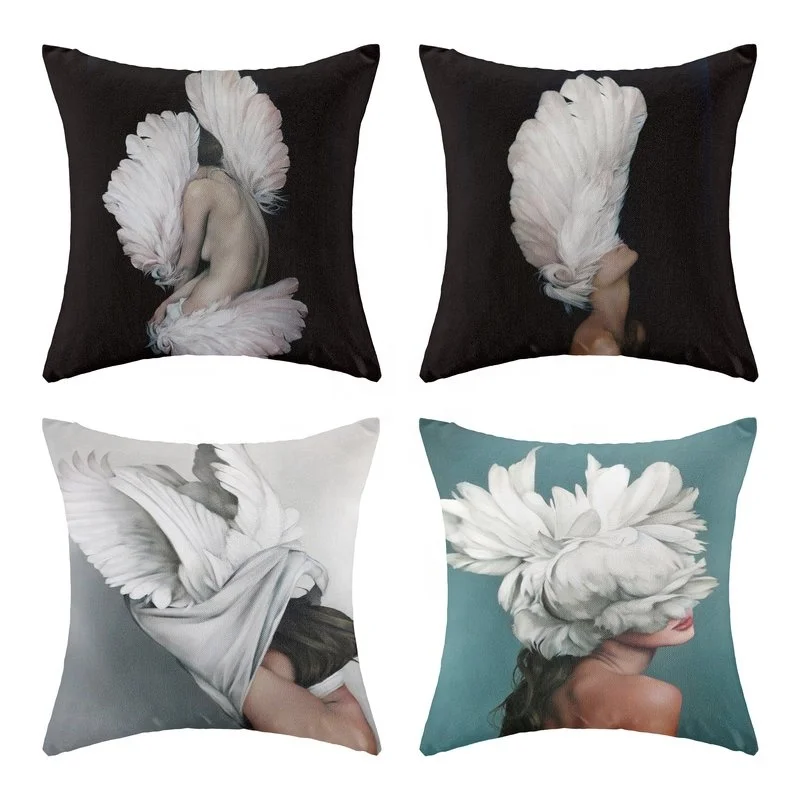 Modern Art Beautiful Body Swan Wings Feather Ballerina Girls Decorative Pillow Cover for Sofa