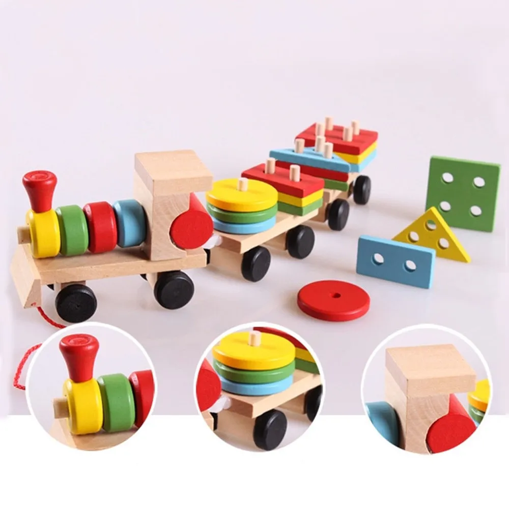 Montessori Wooden Train Truck Blocks Educational Learning Toys Geometric Children Kids Building Bricks Gift