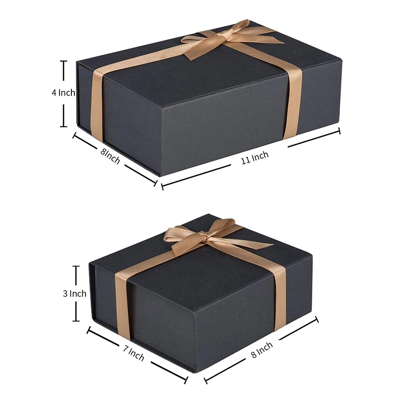 Luxury custom logo folding magnetic closure black magnetic gift  for silk pillow case with ribbon wedding box