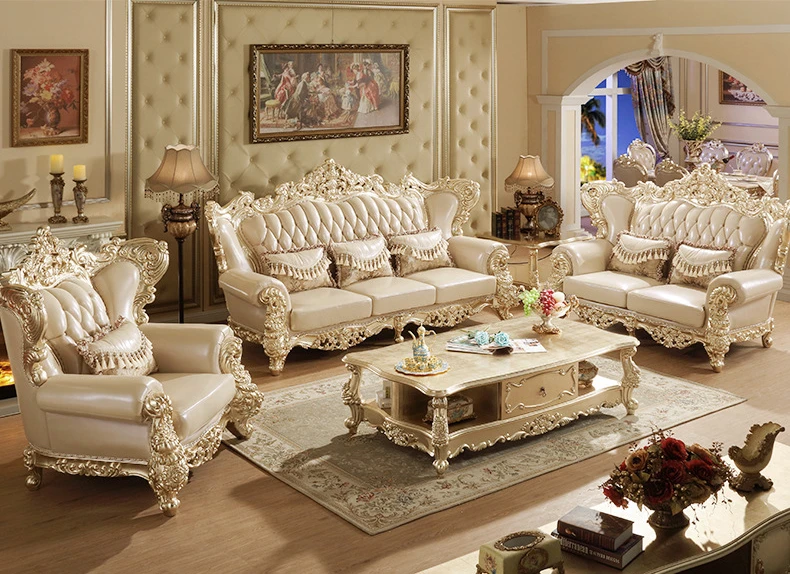 italy Gold color leather sofa solid wood 7 seat arabic living room sofas