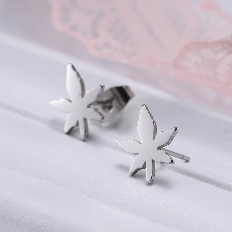 wholesale earings for women simple leaf stud earrings women jewelry stainless steel plated 18K real gold