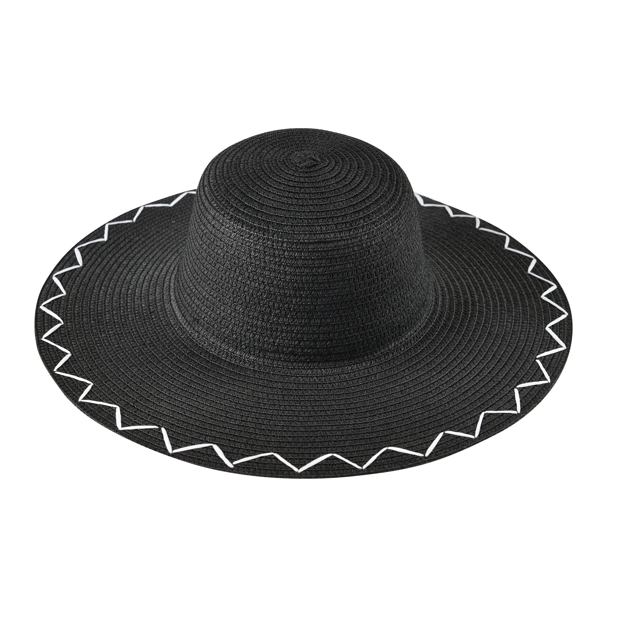 Fashion custom paper rope embroidered wide brim soft straw hat beach uv strawl sunhat