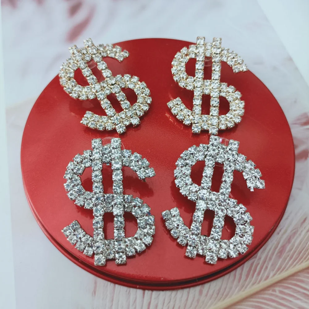 Hip Hop Women Fashion Jewelry Shiny Diamond Dollar Sign Large Rhinestone Stud Earrings