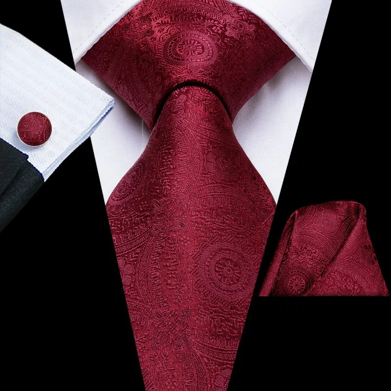 Formal Wedding Wine Red Flower Jacquard Woven Mens Silk Tie Set