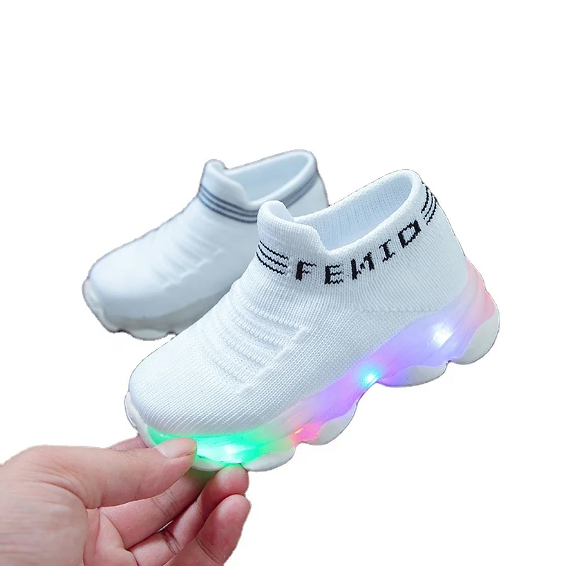 Kids Sneakers Shoes For Girls Children Baby Boys Letter Mesh Led Luminous Socks Sport Run Sapato Infantil Light Up Shoes