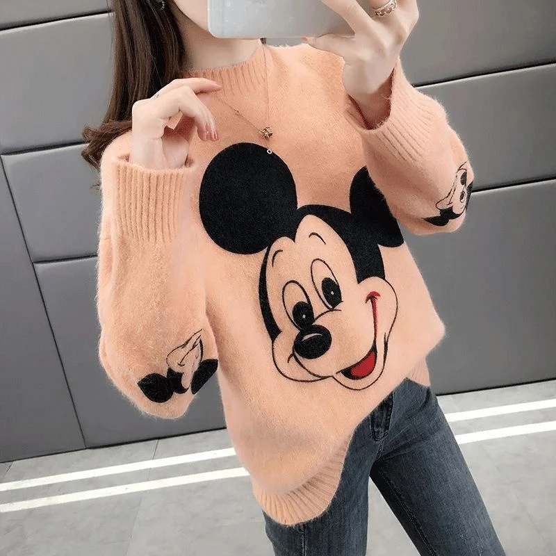 Turtleneck sweater women 2021 autumn and winter new fashion high neck cartoon embroidery loose wild long-sleeved sweater women