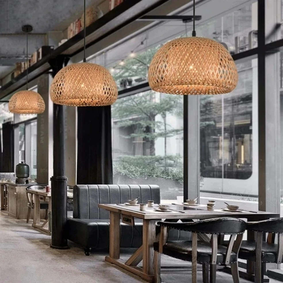 Bamboo Lantern Pendant Lamp Retro Restaurant Hanging Light Hand-Woven Lampshades E27 Lighting Fixtures Wooden Chandeliers Room