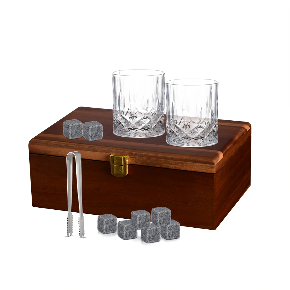 KLP glass whiskey tumbler bar granite whiskey stones and whiskey glass cup Acacia wooden box gift set Whisky set