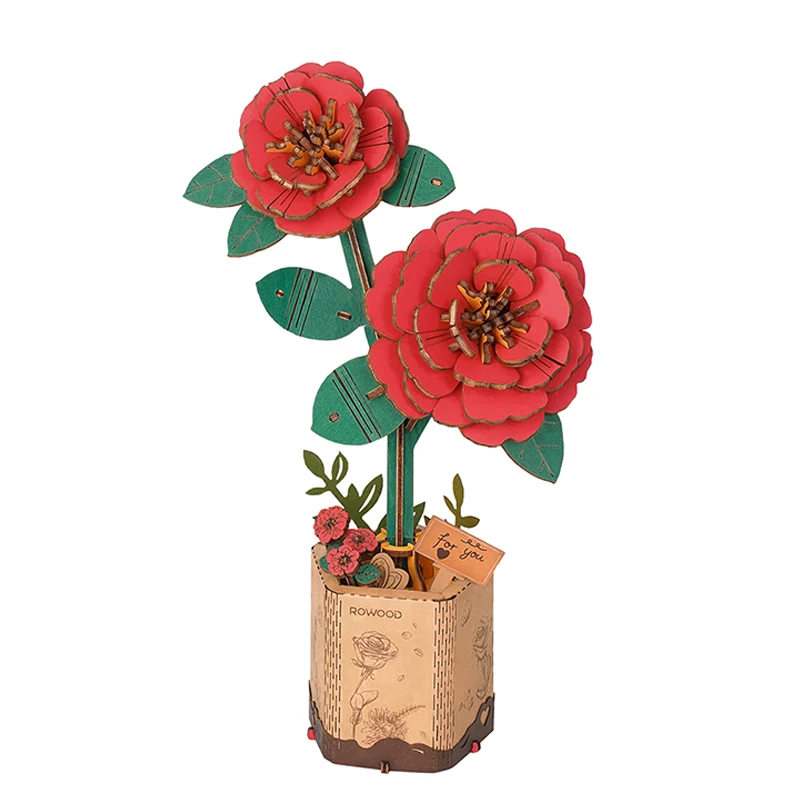 Robotime US Warehouse Wooden Bloom Craft Desktop Decoration TW031 DIY 3D Wood Red Camellia Kids Puzzles