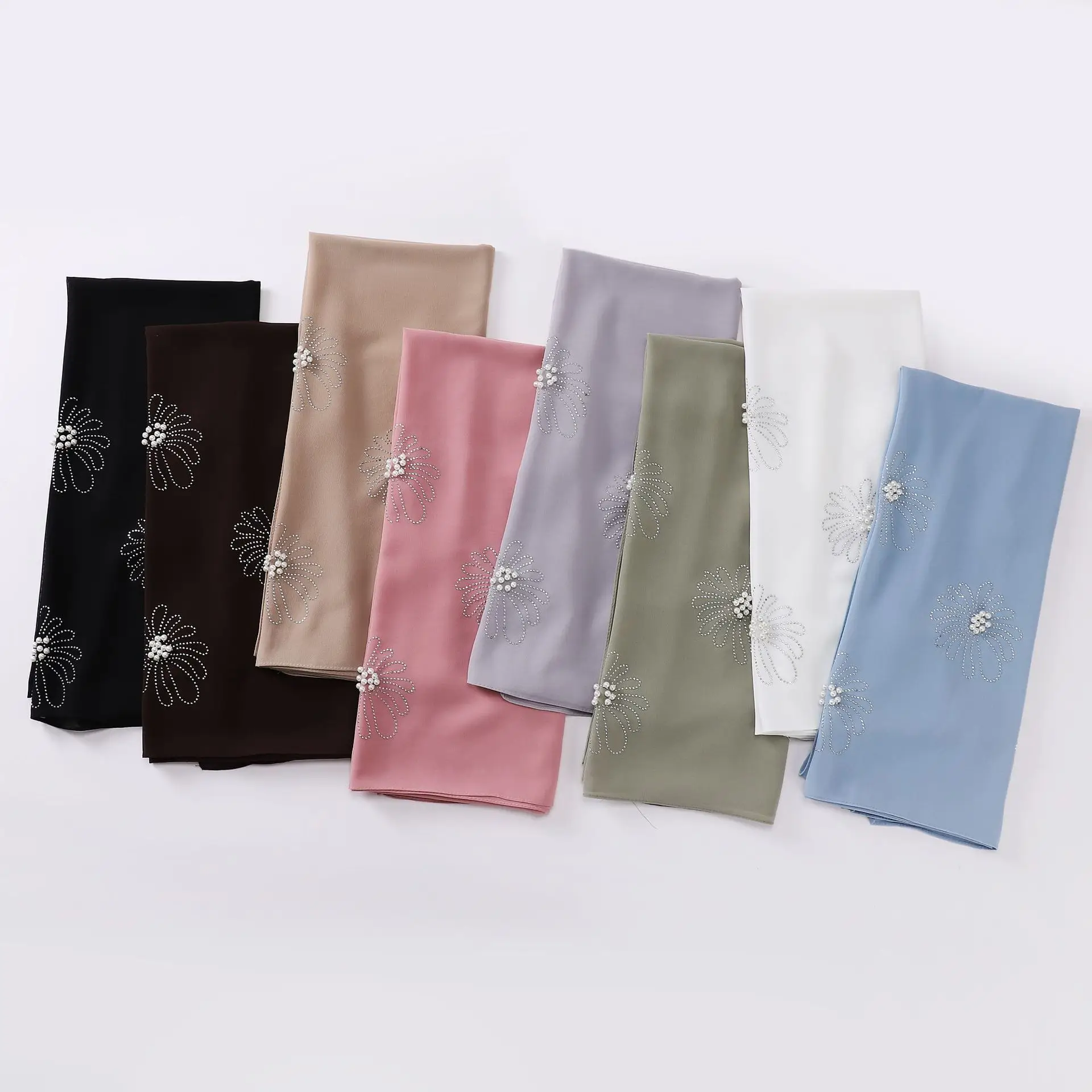 New Custom Luxury Plain Chiffon Diamond Beaded Headscarf Hijabs Muslim Women Pearl Ornament Flower Pattern Chiffon Shawl Hijab