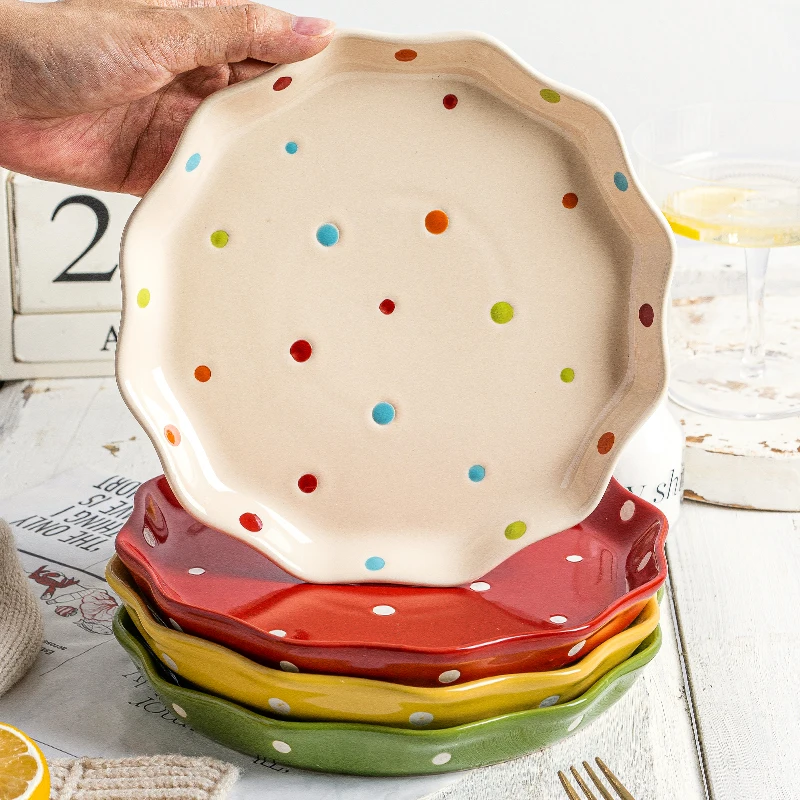 Hand Painted Polka Dots Cute Ceramic Dishes Casual Round Shape Cake Plates Sets Dinnerware