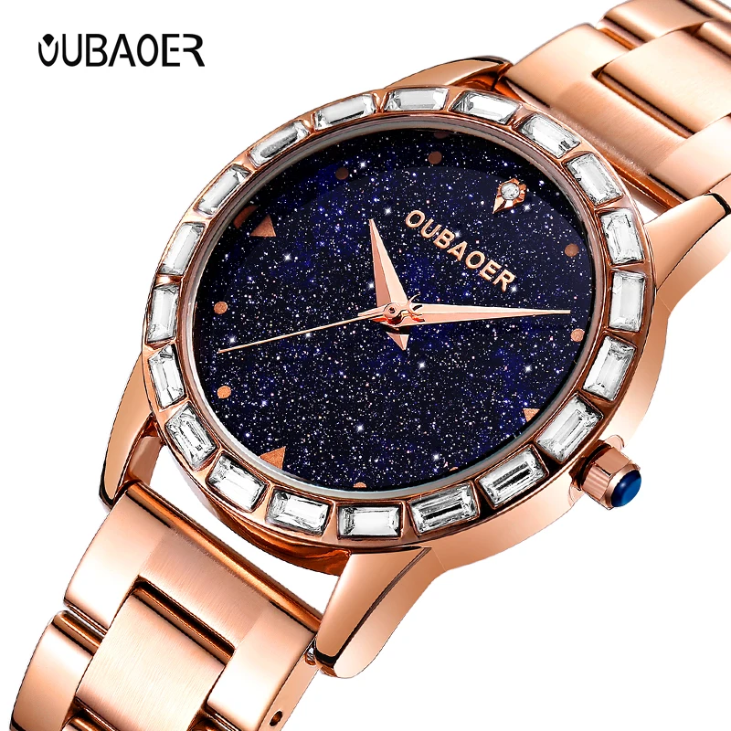 OUBAOER 2017 western rose gold girls quartz watch stylish steel Strap Waterproof bling character Casual wrist watch