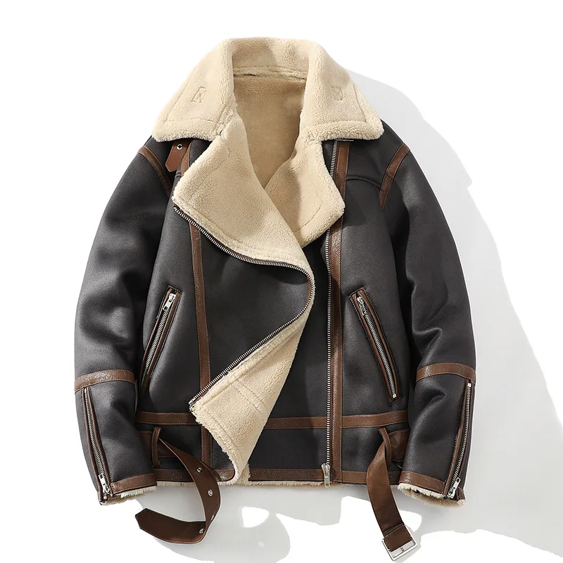 Winter mens clothing faux Leather Casual Thick  heavy Aviator Sheepskin Warm Outdoor Fur Plus Size PU Leather Coat Men Jacket