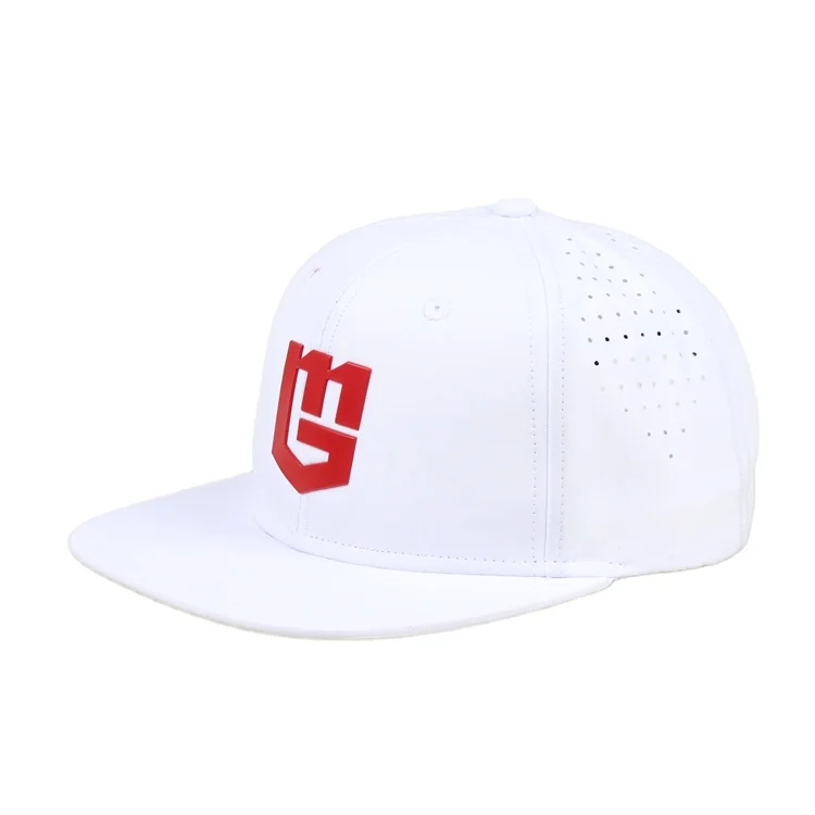 Custom High Quality 7 Panel Laser Cutting Hole Perforated Hat,Red PVC Rubber Patch Logo Snapback Caps