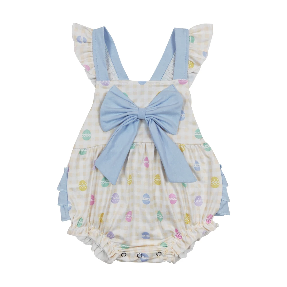 2024 RTS Ester Colorful Egg Blue Bowknot Flutter Sleeve Girls Romper Kids Easter Clothes High Quality Boutique New Arrival New