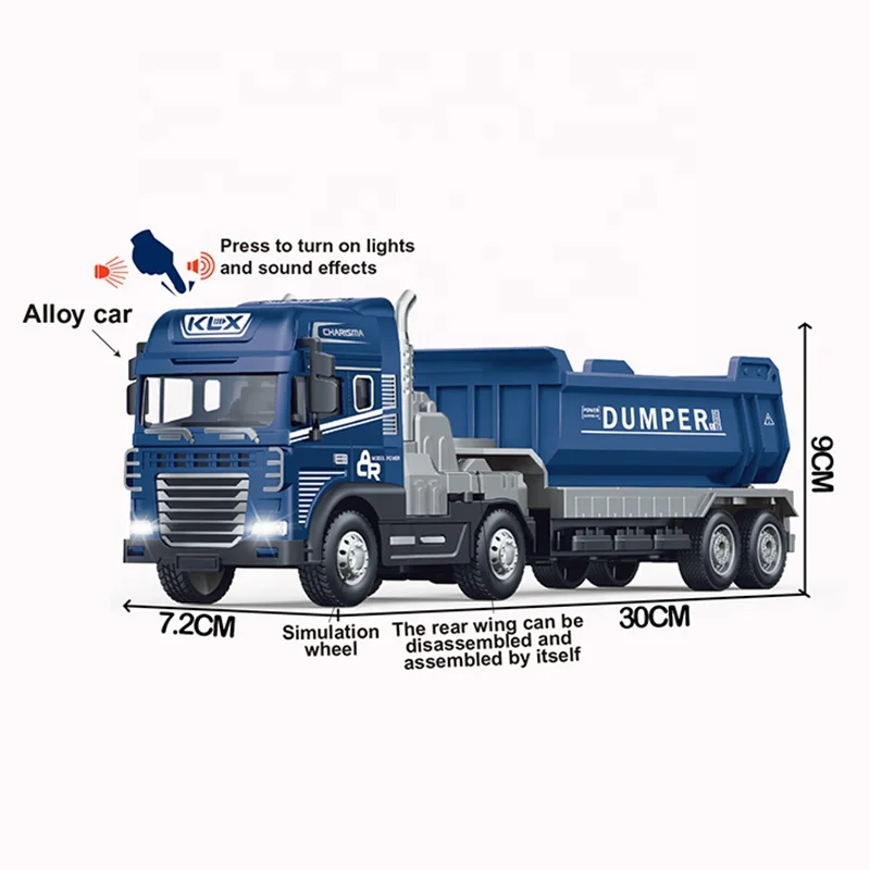 QS Custom Kids Light Music 4WD Metal Inertial Trailer Transport Vehicles 1:24 Alloy Dump Truck Set Friction Toys Diecast Cars