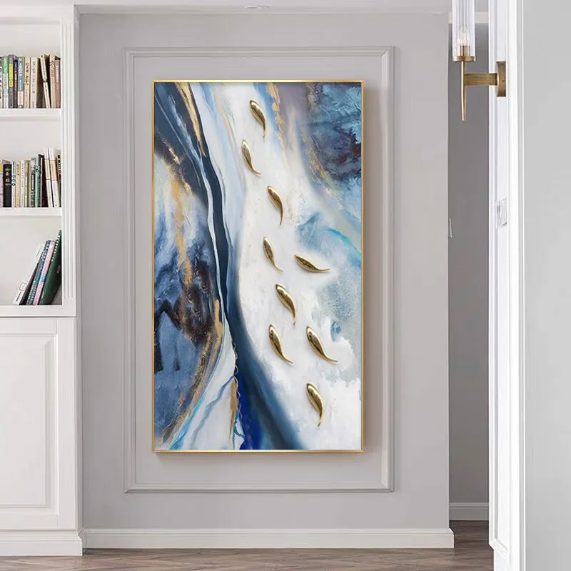 Pure hand-painted original abstract 9 fish koi handmade gold foil modern fish oil painting wall art