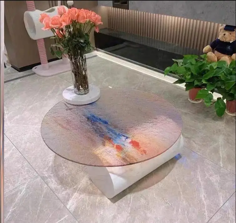 Newly Designed  Colorful Coffee Table Luxury Art Glass Top Stone Base Round Table