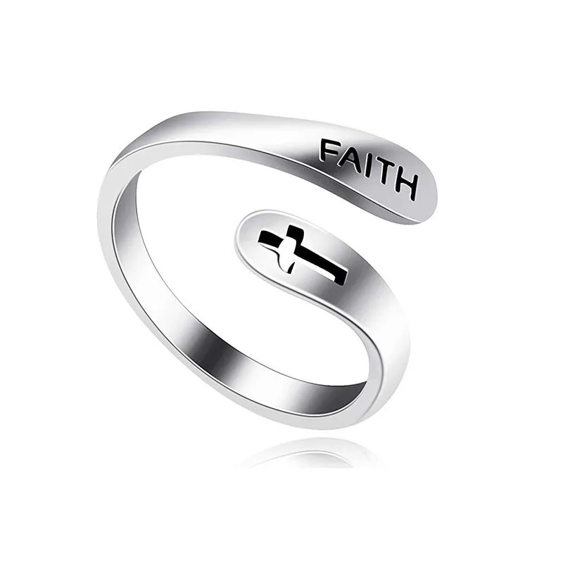 Vintage Hollowed out cross FAITH lettering double layer fashion personality ins tide cold wind open ring