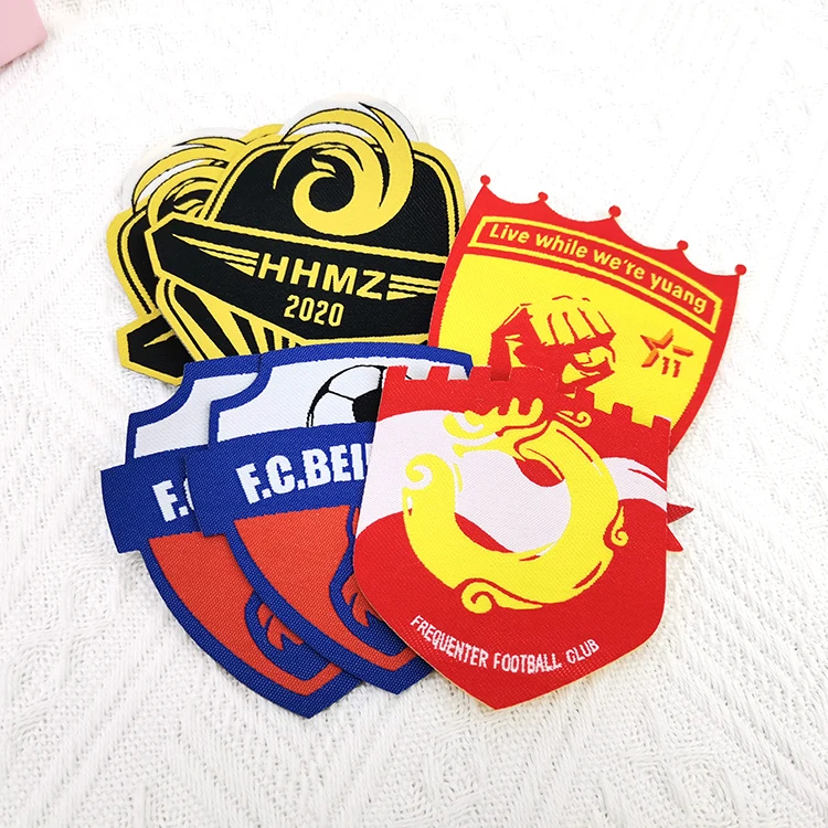 Iron on/sew on Custom Soccer Team Name Logo Machine Woven Sport Fabric Patch and Badge for Uniform Clothing