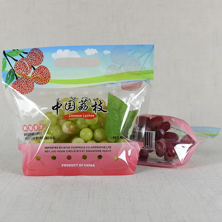 Biodegradable Zipper Keep Fresh Fruits Plastic Packing Bag For Apple Grape Banana Package Bag Vegetable Packaging with Air Holes