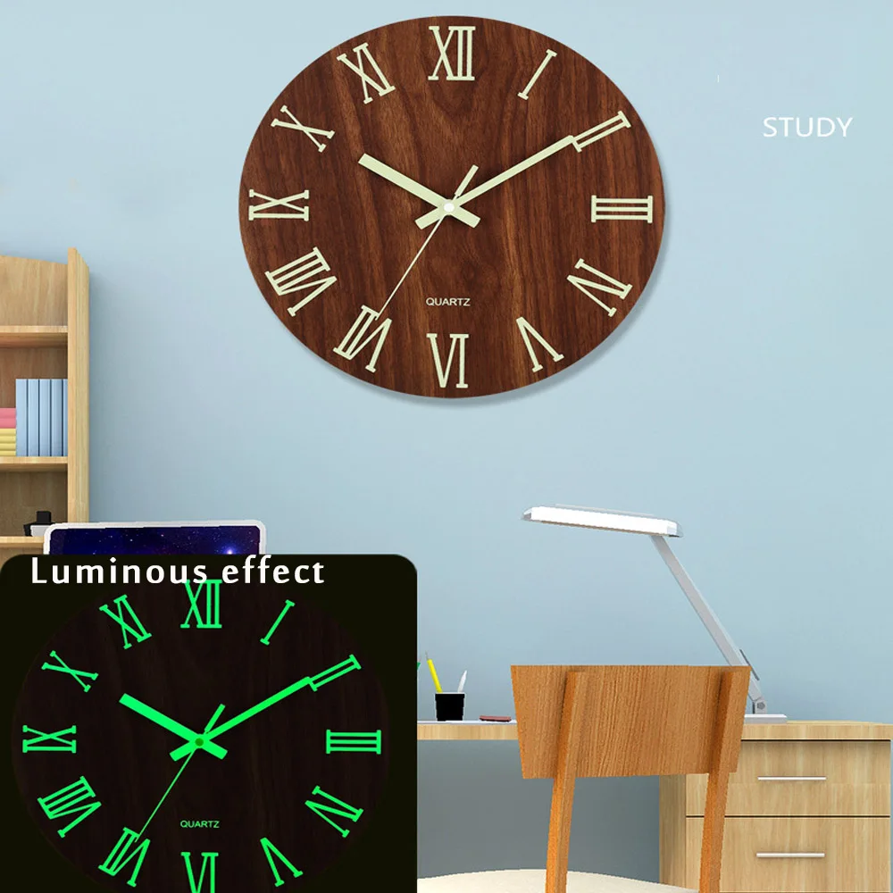 1pc 12 inch wooden luminous wall clock mute clock MDF wood grain creative luminous fluorescent clock