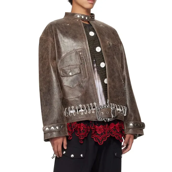 High street fashion brown belted leather jacket for men mock neck vintage faux leather detachable pin-buckle belt cargo jacket
