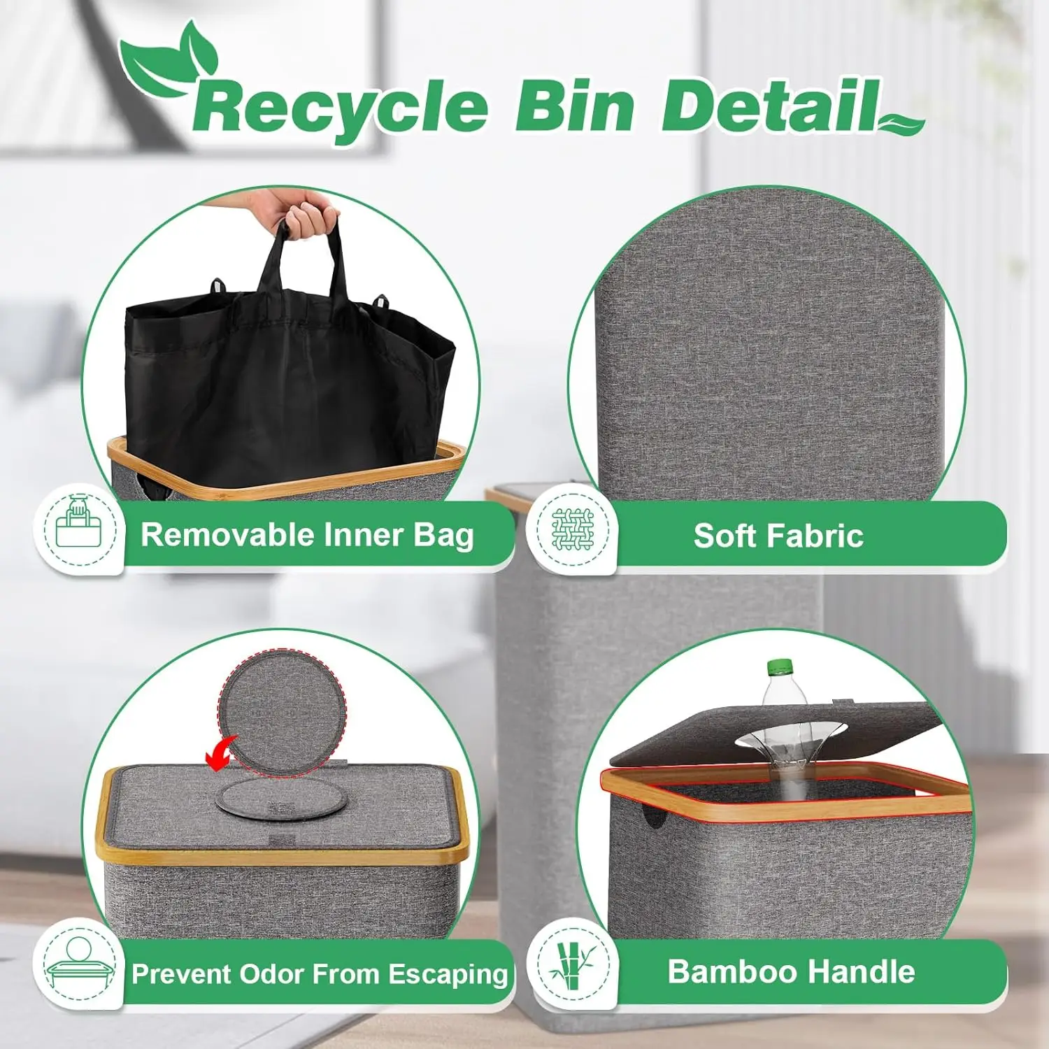 Custom 100L Bamboo Grey Kitchen Recycling Bin Deposit Bottle Storage Bottle Collection Container with Lid Removeable Inner Bag