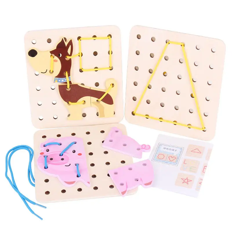 High quality cheap price kids wooden board toys wooden kids blocks board kids wooden lacing and threading game